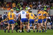 27 May 2018; Referee Paud O'Dwyer throws in the sliothar between players from both sides during the Munster GAA Hurling Senior Championship Round 2 match between Clare and Waterford at Cusack Park in Ennis, Co Clare. Photo by Ray McManus/Sportsfile