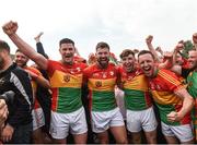 27 May 2018; Carlow players from left John Murphy, Daniel St Ledger, Conor Crowley and Chris Crowley celebrate after the Leinster GAA Football Senior Championship Quarter-Final match between Carlow and Kildare at O'Connor Park in Tullamore, Offaly. Photo by Matt Browne/Sportsfile