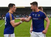 27 May 2018; Thomas Gallagher, left, and Michael Quinn of Longford celebrate after the Leinster GAA Football Senior Championship Quarter-Final match between Longford and  Meath at Glennon Brothers Pearse Park in Longford. Photo by Harry Murphy/Sportsfile