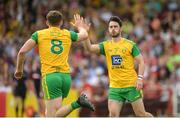 27 May 2018; Hugh McFadden of Donegal celebrates with Ryan McHugh of Donegal after scoring during the Ulster GAA Football Senior Championship Quarter-Final match between Derry and Donegal at Celtic Park in Derry. Photo by Oliver McVeigh/Sportsfile