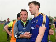 27 May 2018; Longford manager Denis Connerton celebrates with Ronan McEntire of Longford during the Leinster GAA Football Senior Championship Quarter-Final match between Longford and  Meath at Glennon Brothers Pearse Park in Longford. Photo by Harry Murphy/Sportsfile