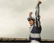 27 May 2018; Jockey Colm O'Donoghue celebrates after he rode Alpha Centauriup to win the Tattersalls Irish 1,000 Guineas during the Curragh Races Irish 1000 Guineas Day at the Curragh in Kildare. Photo by Barry Cregg/Sportsfile
