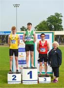 27 May 2018; The podium for the Youth Boys Multi Events, from left, second place Diarmuid O'Connor of Bandon A.C., Co Cork, first place Brian Lynch of Old Abbey A.C., Co Cork and third place Eoin Sharkey of Tír Chonaill A.C., Co Donegal, alongside Athletics Ireland president Georgina Drumm during the Irish Life Health AAI Games and Combined Events Day 2 Combined Events at Morton Stadium in Santry, Dublin. Photo by David Fitzgerald/Sportsfile