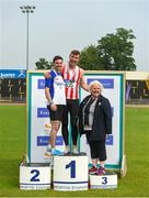 27 May 2018; The podium for the Senior Mens Multi Events, second place Brian Flynn of Lusk A.C., Co Dublin, and first place Shane Aston of Trim A.C, Co Meath, alongside Athletics Ireland president Georgina Drumm during the Irish Life Health AAI Games and Combined Events Day 2 Combined Events at Morton Stadium in Santry, Dublin. Photo by David Fitzgerald/Sportsfile