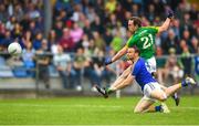 27 May 2018; Eamon Wallace of Meath shoots at goal under pressure from Donal McElligott of Longford during the Leinster GAA Football Senior Championship Quarter-Final match between Longford and  Meath at Glennon Brothers Pearse Park in Longford. Photo by Harry Murphy/Sportsfile
