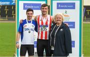 27 May 2018; The podium for the Senior Mens Multi Events, second place Brian Flynn of Lusk A.C., Co Dublin, and first place Shane Aston of Trim A.C, Co Meath, alongside Athletics Ireland president Georgina Drumm during the Irish Life Health AAI Games and Combined Events Day 2 Combined Events at Morton Stadium in Santry, Dublin. Photo by David Fitzgerald/Sportsfile