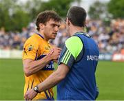 27 May 2018; Clare joint manager Gerry O'Connor congratulates Shane O'Donnell of Clare as he was substituted during the last few minutes of the Munster GAA Hurling Senior Championship Round 2 match between Clare and Waterford at Cusack Park in Ennis, Co Clare. Photo by Ray McManus/Sportsfile