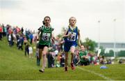 27 May 2018; Orla O'Shaughnessy, from Ballybrown - Clarina, Limerick, left, and Abbey Doherty, from Baltinglass, Co. Wicklow, competing in the Girls u12 Relay Final during Day 2 of the Aldi Community Games May Festival, which saw over 3,500 children take part in a fun-filled weekend at University of Limerick from 26th to 27th May. Photo by Diarmuid Greene/Sportsfile