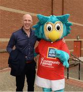 26 May 2018; Aldi Community Games ambassador Paul O'Connell with Community Games mascot Oltan the Owl during day 1 of the Aldi Community Games. Over 3,500 children took part in Aldi Community Games May Festival on a sun-drenched, fun-filled weekend in University of Limerick from 26th to 27th May. Photo by Diarmuid Greene/Sportsfile