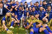 26 May 2018; The Leinster team celebrate with the Champions Cup and PRO14 trophies following their victory in the Guinness PRO14 Final between Leinster and Scarlets at the Aviva Stadium in Dublin. Photo by Ramsey Cardy/Sportsfile