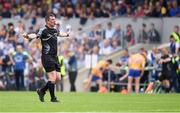 27 May 2018; Referee Paud O'Dwyer signals for half-time during the Munster GAA Hurling Senior Championship Round 2 match between Clare and Waterford at Cusack Park in Ennis, Co Clare. Photo by Ray McManus/Sportsfile