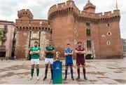 27 May 2018; The four captains of the World Rugby U20 Championship Pool C came together in front of the iconic Le Castillet in Perpignan, France. Pictured are, from left, Caelan Doris of Ireland, Salmaan Moerat of South Africa, Arthur Coville of France and Beka Saginadze of Georgia. Photo by Stéphanie Biscaye/World Rugby/Sportsfile
