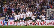 28 May 2018; Republic of Ireland players, from left, Seamus Coleman, James McClean, Jonathan Walters, Declan Rice, Shane Duffy, Derrick Williams, Alan Browne and Kevin Long defend a free kick from Nabil Fekir of France during the International Friendly match between France and Republic of Ireland at Stade de France in Paris, France. Photo by Stephen McCarthy/Sportsfile