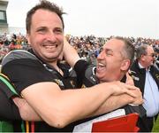 27 May 2018; Carlow trainer and selector Steven Poacher celebrates with team manager Turlough O'Brien after the Leinster GAA Football Senior Championship Quarter-Final match between Carlow and Kildare at O'Connor Park in Tullamore, Offaly. Photo by Matt Browne/Sportsfile