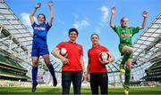 30 May 2018; The SPAR FAI Primary School 5s National Finals took place in Aviva Stadium on Wednesday, May 30th, where former Republic of Ireland International Keith Andrews and current Republic of Ireland women's footballer Megan Campbell were in attendance supporting as girls and boys from 13 counties battled it out for national honours. Pictured at the finals are, from left, Genevieve Sherlock of Rathoe NS, Co Carlow, Keith Andrews, Megan Campbell and Ava Cunningham of Belcarra NS, Co Mayo, at Aviva Stadium in Dublin. Photo by Sam Barnes/Sportsfile