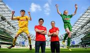 30 May 2018; The SPAR FAI Primary School 5s National Finals took place in Aviva Stadium on Wednesday, May 30th, where former Republic of Ireland International Keith Andrews and current Republic of Ireland women's footballer Megan Campbell were in attendance supporting as girls and boys from 13 counties battled it out for national honours. Pictured at the finals are, from left, Conor McDaid of St Oran’s NS, Co Donegal, Keith Andrews, Megan Campbell and Ava Cunningham of Belcarra NS, Co Mayo, at Aviva Stadium in Dublin.  Photo by Sam Barnes/Sportsfile