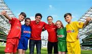 30 May 2018; The SPAR FAI Primary School 5s National Finals took place in Aviva Stadium on Wednesday, May 30th, where former Republic of Ireland International Keith Andrews and current Republic of Ireland women's footballer Megan Campbell were in attendance supporting as girls and boys from 13 counties battled it out for national honours. Pictured at the finals are, from left, Eric Cunningham of Scoil Íosagáin, Co Cork, Genevieve Sherlock of Rathoe NS, Co Carlow, Keith Andrews, Megan Campbell, Ava Cunningham of Belcarra NS, Co Mayo, and Conor McDaid of St Oran’s NS, Co Donegal. Photo by Sam Barnes/Sportsfile