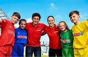 30 May 2018; The SPAR FAI Primary School 5s National Finals took place in Aviva Stadium on Wednesday, May 30th, where former Republic of Ireland International Keith Andrews and current Republic of Ireland women's footballer Megan Campbell were in attendance supporting as girls and boys from 13 counties battled it out for national honours. Pictured at the finals are, from left, Eric Cunningham of Scoil Íosagáin,Co Cork, Genevieve Sherlock of Rathoe NS, Co Carlow, Keith Andrews, Megan Campbell, Ava Cunningham of Belcarra NS, Co Mayo, and Conor McDaid of St Oran’s NS, Co Donegal. Photo by Sam Barnes/Sportsfile