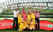 30 May 2018; The SPAR FAI Primary School 5s National Finals took place in Aviva Stadium on Wednesday, May 30th, where former Republic of Ireland International Keith Andrews and current Republic of Ireland women's footballer Megan Campbell were in attendance supporting as girls and boys from 13 counties battled it out for national honours. Pictured is the St.Brigid's NS team, Glenmakee, Inishowen, Co Donegal, after winning Girls Section A during the SPAR FAI Primary School 5s National Finals at Aviva Stadium in Dublin.  Photo by Sam Barnes/Sportsfile