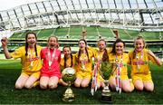 30 May 2018; The SPAR FAI Primary School 5s National Finals took place in Aviva Stadium on Wednesday, May 30th, where former Republic of Ireland International Keith Andrews and current Republic of Ireland women's footballer Megan Campbell were in attendance supporting as girls and boys from 13 counties battled it out for national honours. Pictured is the St.Brigid's NS team, Glenmakee, Inishowen, Co Donegal, after winning Girls Section A during the SPAR FAI Primary School 5s National Finals at Aviva Stadium in Dublin.  Photo by Sam Barnes/Sportsfile