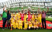 30 May 2018; The SPAR FAI Primary School 5s National Finals took place in Aviva Stadium on Wednesday, May 30th, where former Republic of Ireland International Keith Andrews and current Republic of Ireland women's footballer Megan Campbell were in attendance supporting as girls and boys from 13 counties battled it out for national honours. Pictured are the Boys and Girls Section A winners, Latnamard NS, Co Monaghan, left, and St.Brigid's NS, Glenmakee, Inishowen, Co Donegal, during the SPAR FAI Primary School 5s National Finals at Aviva Stadium in Dublin.  Photo by Sam Barnes/Sportsfile