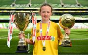 30 May 2018; The SPAR FAI Primary School 5s National Finals took place in Aviva Stadium on Wednesday, May 30th, where former Republic of Ireland International Keith Andrews and current Republic of Ireland women's footballer Megan Campbell were in attendance supporting as girls and boys from 13 counties battled it out for national honours. Pictured Ellie Long of St Brigid's NS, Glenmakee, Inishowen, Co Donegal, with her Player of the Tournament award and the Girls Section A Cup and during the SPAR FAI Primary School 5s National Finals at Aviva Stadium in Dublin.  Photo by Sam Barnes/Sportsfile