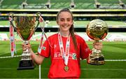 30 May 2018; The SPAR FAI Primary School 5s National Finals took place in Aviva Stadium on Wednesday, May 30th, where former Republic of Ireland International Keith Andrews and current Republic of Ireland women's footballer Megan Campbell were in attendance supporting as girls and boys from 13 counties battled it out for national honours. Pictured is Ellie O'Brien of Clogheen/Kerry - Pike NS , Co Cork, with her Player of the Tournament Award and the Girls Section B Cup during the SPAR FAI Primary School 5s National Finals at Aviva Stadium in Dublin. Photo by Sam Barnes/Sportsfile