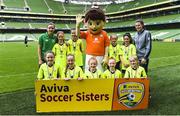 30 May 2018; Republic of Ireland Women's Senior Players Leanne Kiernan, left, and Amanda McQuillan pictured with players from the Aviva Ambassadors team during the Aviva Soccer Sisters Finals at the Aviva Stadium in Dublin. Photo by David Fitzgerald/Sportsfile