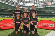 30 May 2018; The SPAR FAI Primary School 5s National Finals took place in the Aviva Stadium on Wednesday, May 30th, where former Republic of Ireland International Keith Andrews and current Republic of Ireland women's footballer Megan Campbell were in attendance supporting as girls and boys from 13 counties battled it out for national honours. Pictured are the match referees prior to the SPAR FAI Primary School 5s National Finals at Aviva Stadium in Dublin. Photo by Harry Murphy/Sportsfile