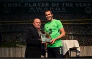 1 June 2018; John O'Shea receives the Republic of Ireland Outstanding Contribution award from Joe McKenna, Chairman of CRISC, at the CRISC Player of the Year Awards at  Ballsbridge Hotel, Dublin. Photo by David Fitzgerald/Sportsfile