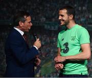1 June 2018; John O'Shea of Republic of Ireland speaks with RTE Presenter Peter Collins at the CRISC Player of the Year Awards at  Ballsbridge Hotel, Dublin. Photo by David Fitzgerald/Sportsfile