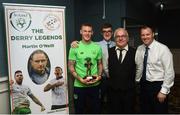 1 June 2018; James McClean of Republic of Ireland pictured with members of the Derry Republic of Ireland supporters club, from left, Jack Barr, John Kelly and Ciaran Doherty at the CRISC Player of the Year Awards at  Ballsbridge Hotel, Dublin. Photo by David Fitzgerald/Sportsfile