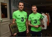 1 June 2018; John O'Shea, left, with his Outstanding Contribution award and James McClean with his Republic of Ireland supporters clubs Player of the Year award at the CRISC Player of the Year Awards at  Ballsbridge Hotel, Dublin. Photo by David Fitzgerald/Sportsfile