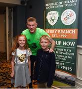 1 June 2018; James McClean of Republic of Ireland with supporters Lexi, age 11, and Patrick, age 8, during the CRISC Player of the Year Awards at  Ballsbridge Hotel, Dublin. Photo by David Fitzgerald/Sportsfile