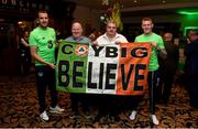 1 June 2018; Republic of Ireland players, John O'Shea, left, and James McClean pictured with members of the Believe Supporters Club, Pat Heggarty, second from left, and Martin Whelan during the CRISC Player of the Year Awards at  Ballsbridge Hotel, Dublin. Photo by David Fitzgerald/Sportsfile