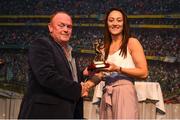 1 June 2018; Joe McKenna, Chairman of CRISC, presents Women's National Team senior player Megan Campbell with her supporters player of the year award at the CRISC Player of the Year Awards at  Ballsbridge Hotel, Dublin. Photo by David Fitzgerald/Sportsfile