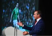 1 June 2018; RTE Presenter Peter Collins introduces a tribute to the late Liam Miller at the CRISC Player of the Year Awards at  Ballsbridge Hotel, Dublin. Photo by David Fitzgerald/Sportsfile