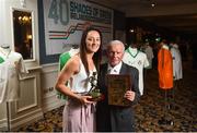 1 June 2018; Women's National Team senior player Megan Campbell with her supporters player of the year award and former Republic of Ireland international John Giles with his outstanding achievement award at the CRISC Player of the Year Awards at  Ballsbridge Hotel, Dublin. Photo by David Fitzgerald/Sportsfile