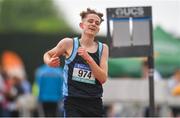 2 June 2018; Aaron Donnelly of St Gerards Bray, Co. Wicklow, reacts after winning the Senior Boys 2000 Metre Steeplechase during the Irish Life Health All-Ireland Schools Track and Field Championships at Tullamore Harriers Stadium in Tullamore, Co. Offaly. Photo by Sam Barnes/Sportsfile