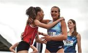 2 June 2018; Davicia Patterson of Hunterhouse Belfast, left, embraces Ciara Deely of Loreto Kilkenny, Co. Kilkenny, after winning the Senior Girls 400 Metres during the Irish Life Health All-Ireland Schools Track and Field Championships at Tullamore Harriers Stadium in Tullamore, Co. Offaly. Photo by Sam Barnes/Sportsfile