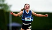 2 June 2018; Meabh O'Neil of MICC Dunmanway, Co. Cork, celebrates winning the Junior Girls 1500 Metres during the Irish Life Health All-Ireland Schools Track and Field Championships at Tullamore Harriers Stadium in Tullamore, Co. Offaly. Photo by Sam Barnes/Sportsfile