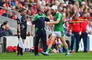 2 June 2018; Aaron Gillane of Limerick is consoled by Limerick manager John Kiely after he was sent off by referee James Owens in the first half during the Munster GAA Hurling Senior Championship Round 3 match between Cork and Limerick at Páirc Uí Chaoimh in Cork. Photo by Piaras Ó Mídheach/Sportsfile