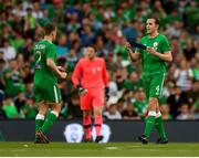 2 June 2018; John O'Shea of Republic of Ireland hands Seamus Coleman the captain's armband before being substituted during the International Friendly match between Republic of Ireland and the United States at the Aviva Stadium in Dublin. Photo by Seb Daly/Sportsfile