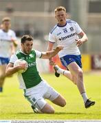 3 June 2018; Conall Jones of Fermanagh in action against Ryan McAnespie of Monaghan during the Ulster GAA Football Senior Championship Semi-Final match between Fermanagh and Monaghan at Healy Park in Omagh, Co Tyrone. Photo by Oliver McVeigh/Sportsfile