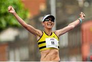 3 June 2018; Lizzie Lee of Leevale A.C., Co. Cork, celebrates winning the 2018 Vhi Women’s Mini Marathon. 30,000 women from all over the country took to the streets of Dublin to run, walk and jog the 10km route, raising much needed funds for hundreds of charities around the country. www.vhiwomensminimarathon.ie. Photo by Ramsey Cardy/Sportsfile