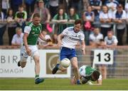 3 June 2018; Karl O'Connell of Monaghan in action against Aidan Breen of Fermanagh during the Ulster GAA Football Senior Championship Semi-Final match between Fermanagh and Monaghan at Healy Park in Omagh, Co Tyrone. Photo by Philip Fitzpatrick/Sportsfile