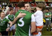 3 June 2018; Fermanagh manager Rory Gallagher celebrates with his son Seanie and Che Cullen of Fermanagh after the Ulster GAA Football Senior Championship Semi-Final match between Fermanagh and Monaghan at Healy Park in Omagh, Co Tyrone. Photo by Oliver McVeigh/Sportsfile