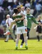 3 June 2018; Barry Mulrone and Ciaran Corrigan of Fermanagh celebrate after the Ulster GAA Football Senior Championship Semi-Final match between Fermanagh and Monaghan at Healy Park in Omagh, Co Tyrone. Photo by Oliver McVeigh/Sportsfile