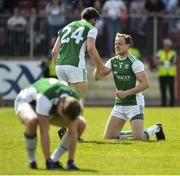 3 June 2018; Che Cullen, right, and Ryan Lyons of Fermanagh celebrate after the Ulster GAA Football Senior Championship Semi-Final match between Fermanagh and Monaghan at Healy Park in Omagh, Co Tyrone. Photo by Oliver McVeigh/Sportsfile