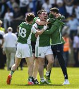 3 June 2018; Barry Mulrone, centre, and Ciaran Corrigan, left, of Fermanagh celebrate with teammates after the Ulster GAA Football Senior Championship Semi-Final match between Fermanagh and Monaghan at Healy Park in Omagh, Co Tyrone. Photo by Oliver McVeigh/Sportsfile